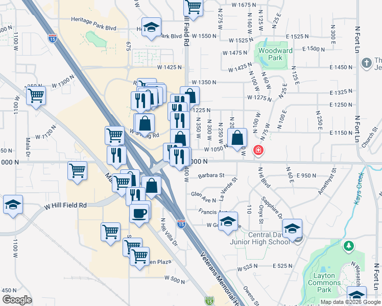 map of restaurants, bars, coffee shops, grocery stores, and more near 368 North 400 West in Layton