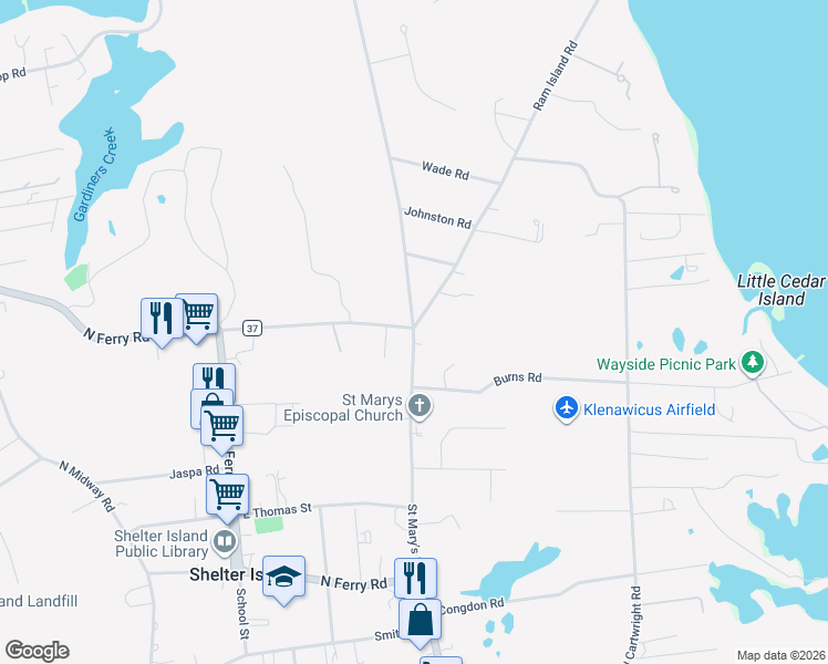 map of restaurants, bars, coffee shops, grocery stores, and more near 3 Ram Island Road in Shelter Island