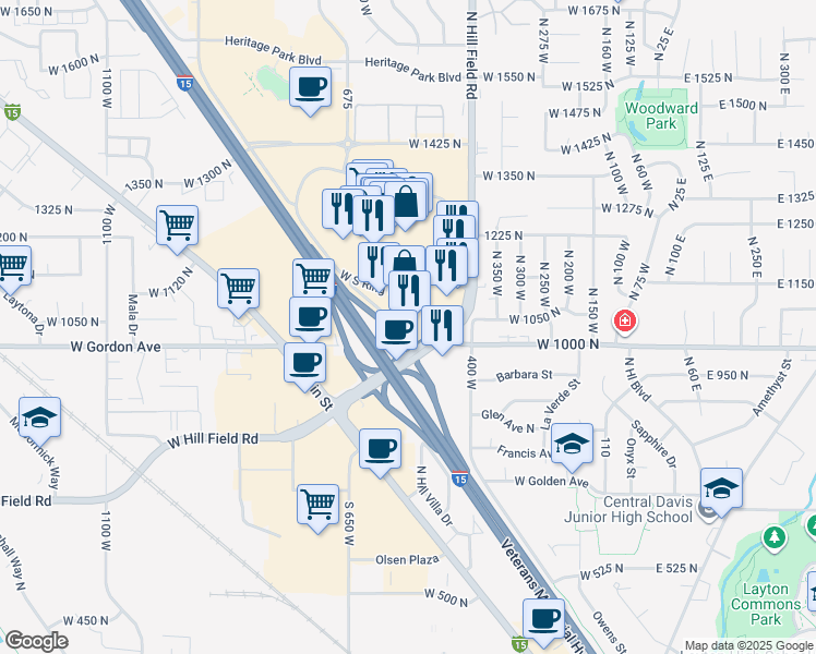 map of restaurants, bars, coffee shops, grocery stores, and more near 675 Ring Road in Layton