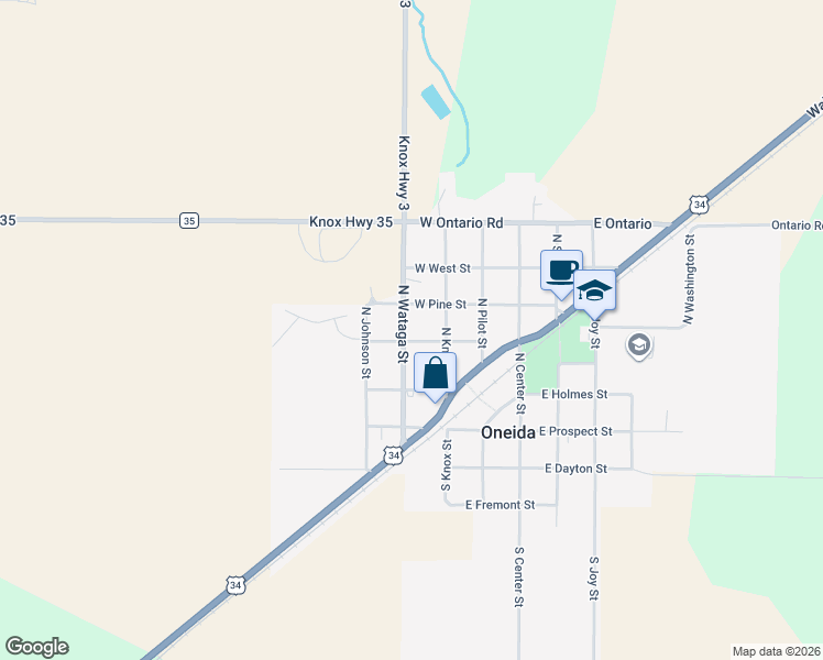 map of restaurants, bars, coffee shops, grocery stores, and more near 415 North Wataga Street in Oneida