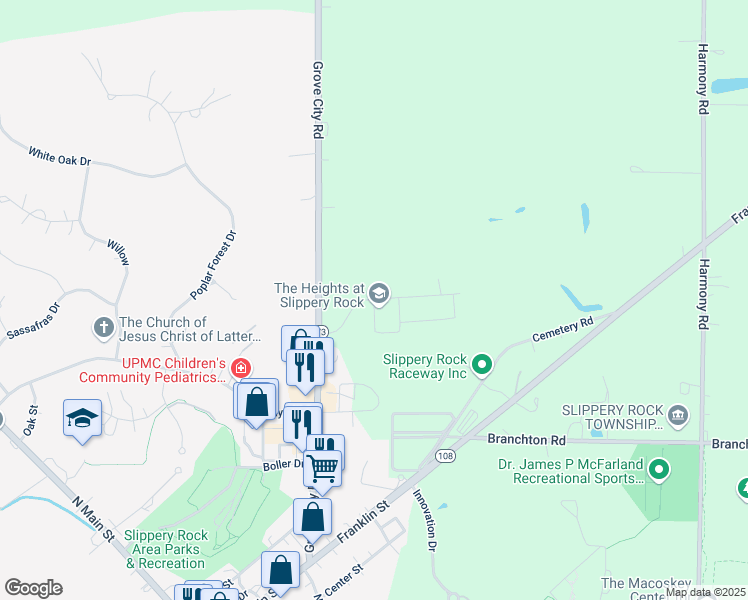 map of restaurants, bars, coffee shops, grocery stores, and more near Woodbridge Drive in Slippery Rock