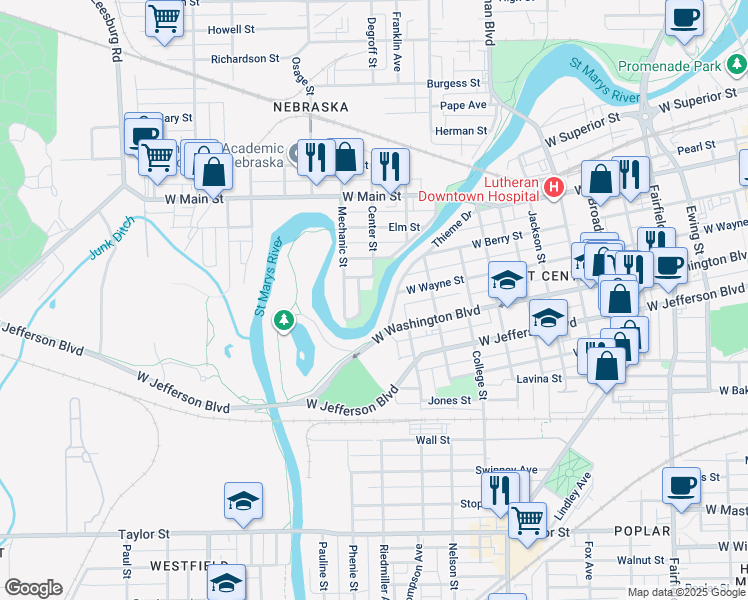 map of restaurants, bars, coffee shops, grocery stores, and more near 200 Center Street in Fort Wayne