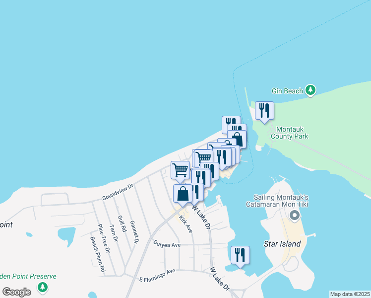 map of restaurants, bars, coffee shops, grocery stores, and more near 6 Soundview Drive in Montauk