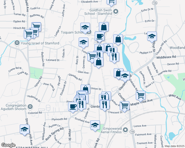 map of restaurants, bars, coffee shops, grocery stores, and more near in Stamford