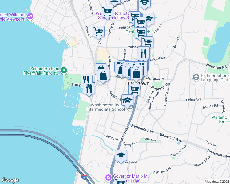 map of restaurants, bars, coffee shops, grocery stores, and more near 22 Windle Park in Tarrytown