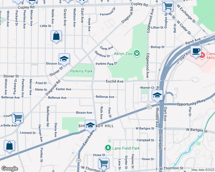 map of restaurants, bars, coffee shops, grocery stores, and more near 643 Euclid Avenue in Akron