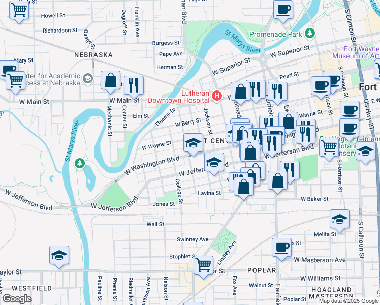 map of restaurants, bars, coffee shops, grocery stores, and more near 1005 West Wayne Street in Fort Wayne