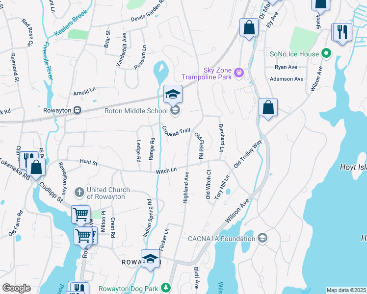 map of restaurants, bars, coffee shops, grocery stores, and more near 19 Crooked Trail in Norwalk