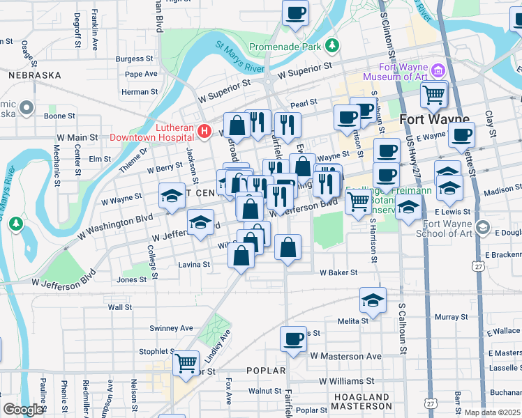map of restaurants, bars, coffee shops, grocery stores, and more near 623 Lincoln Highway in Fort Wayne