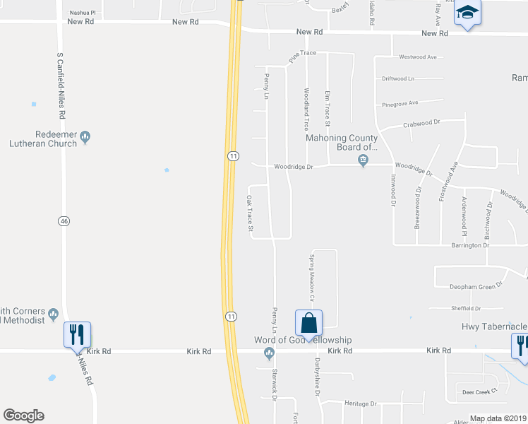 map of restaurants, bars, coffee shops, grocery stores, and more near 2342 Penny Lane in Youngstown