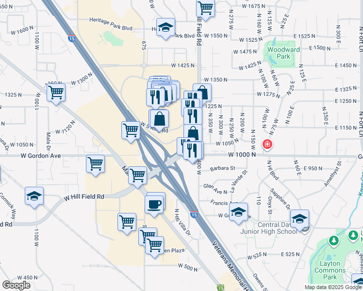 map of restaurants, bars, coffee shops, grocery stores, and more near Frontage Rd in Layton