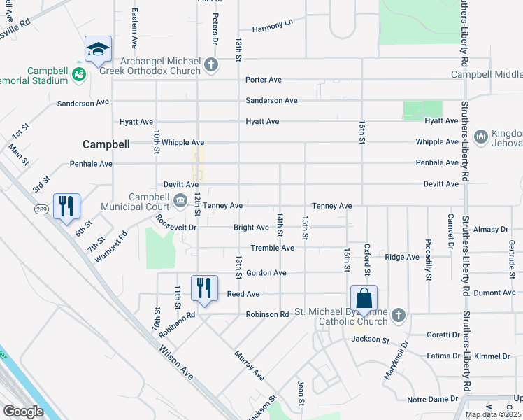 map of restaurants, bars, coffee shops, grocery stores, and more near 491 Tenney Avenue in Campbell