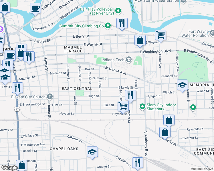 map of restaurants, bars, coffee shops, grocery stores, and more near 1331 East Lewis Street in Fort Wayne