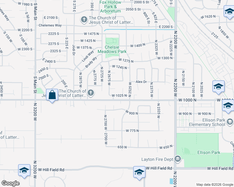 map of restaurants, bars, coffee shops, grocery stores, and more near 2610 West 1025 North in Layton
