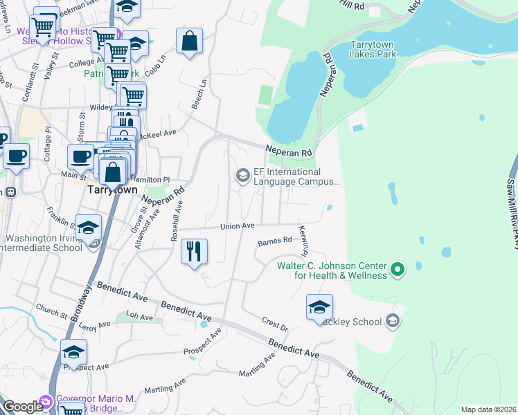 map of restaurants, bars, coffee shops, grocery stores, and more near 71 Irving Avenue in Tarrytown