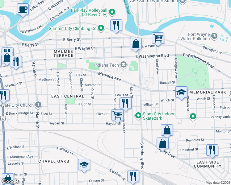 map of restaurants, bars, coffee shops, grocery stores, and more near 1516 Summit Street in Fort Wayne
