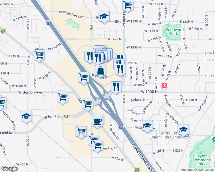 map of restaurants, bars, coffee shops, grocery stores, and more near 675 Ring Road in Layton