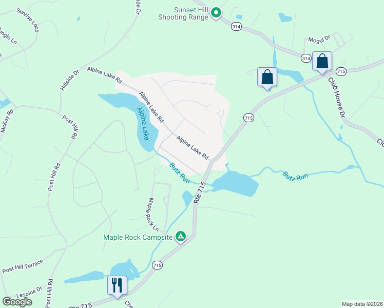 map of restaurants, bars, coffee shops, grocery stores, and more near 129 Alpine Lake Road in Henryville