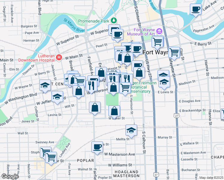 map of restaurants, bars, coffee shops, grocery stores, and more near 301 West Jefferson Boulevard in Fort Wayne