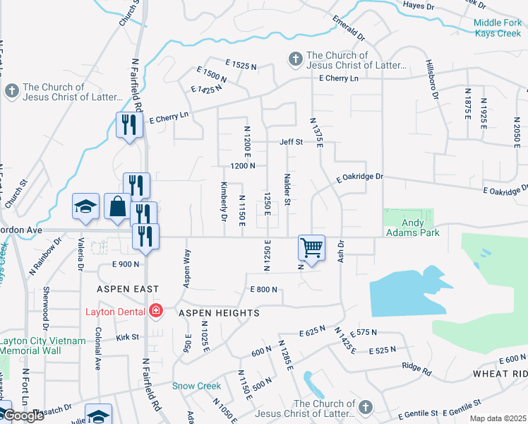 map of restaurants, bars, coffee shops, grocery stores, and more near 1101 Nayon Drive in Layton