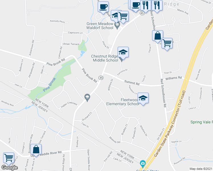 map of restaurants, bars, coffee shops, grocery stores, and more near 7 Wilshire Drive in Spring Valley
