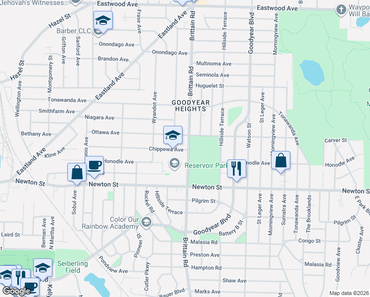map of restaurants, bars, coffee shops, grocery stores, and more near 491 Mohawk Avenue in Akron