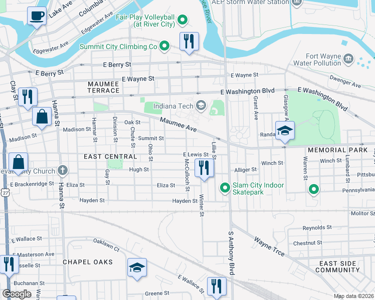 map of restaurants, bars, coffee shops, grocery stores, and more near 1516 Summit Street in Fort Wayne