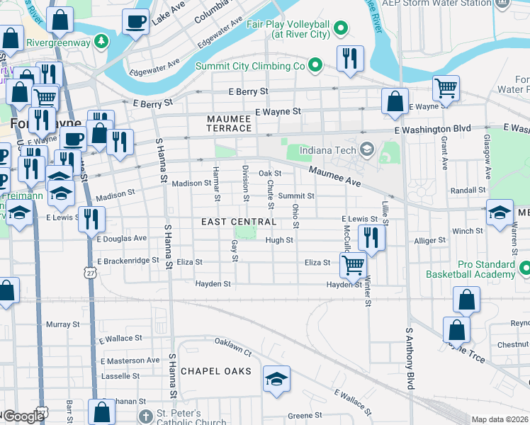 map of restaurants, bars, coffee shops, grocery stores, and more near 1116 Summit Street in Fort Wayne