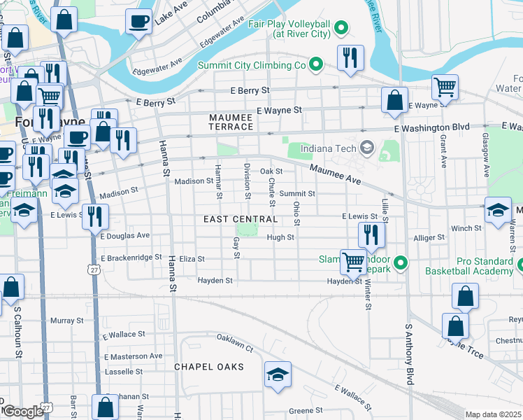 map of restaurants, bars, coffee shops, grocery stores, and more near 1116 Summit Street in Fort Wayne