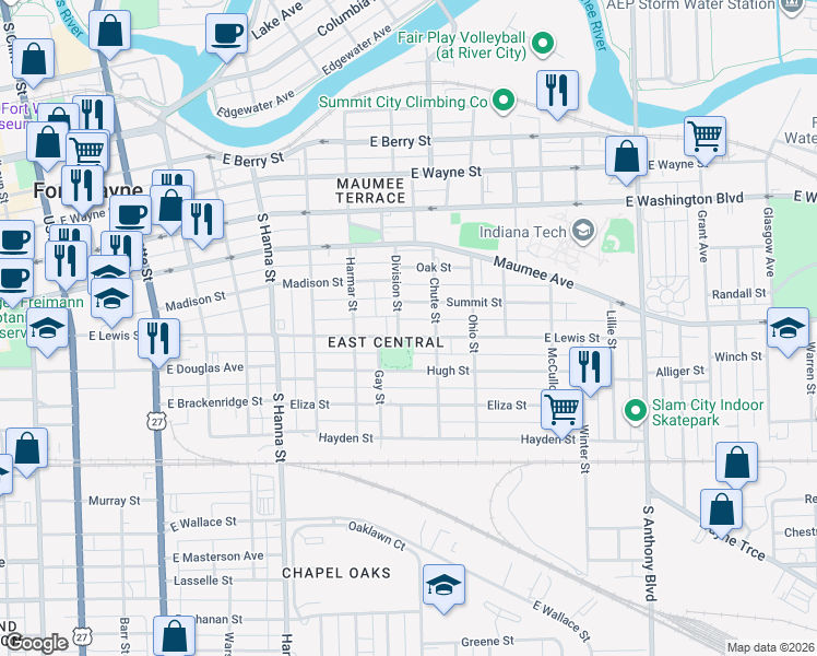 map of restaurants, bars, coffee shops, grocery stores, and more near 1116 Summit Street in Fort Wayne