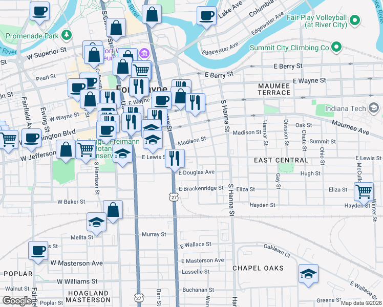 map of restaurants, bars, coffee shops, grocery stores, and more near 430 Madison Street in Fort Wayne