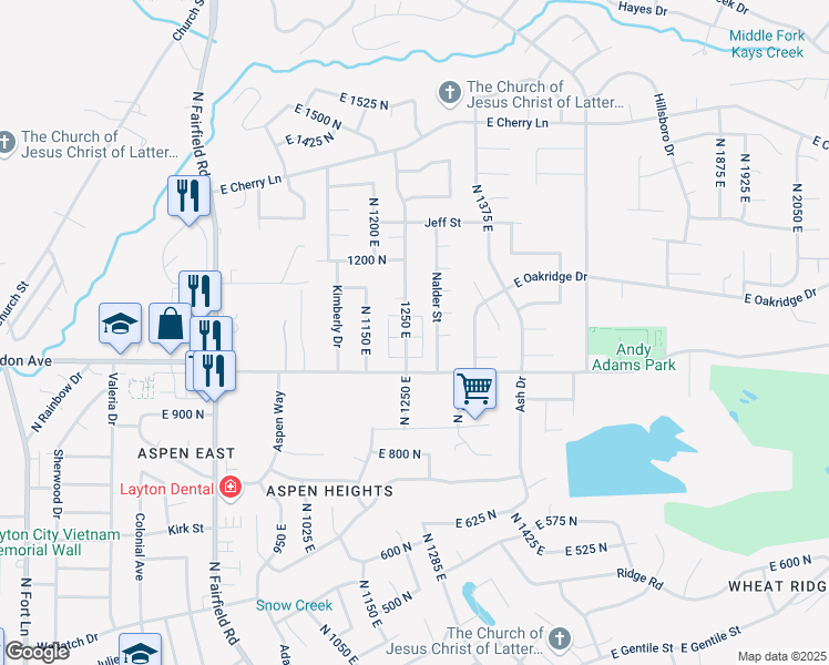 map of restaurants, bars, coffee shops, grocery stores, and more near 1088 North Nayon Street in Layton