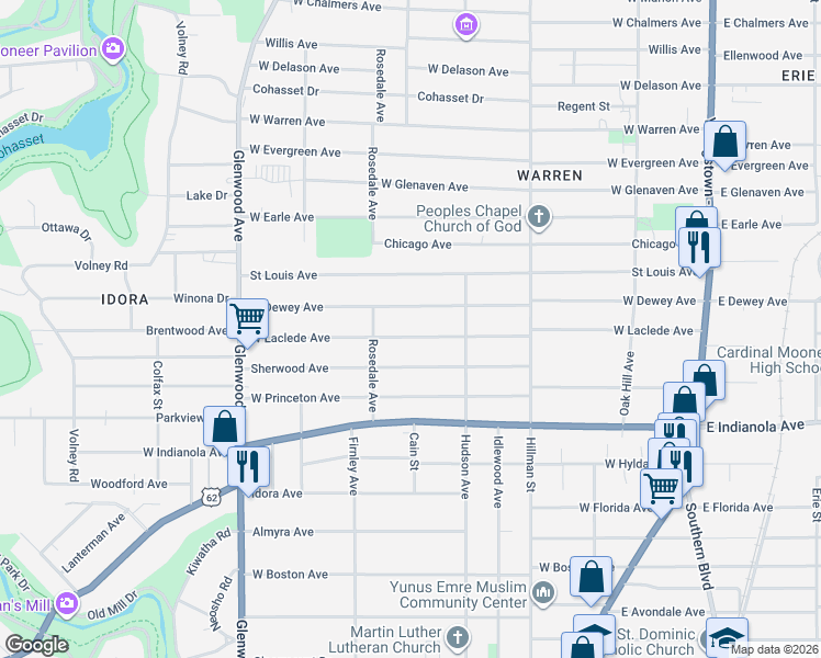 map of restaurants, bars, coffee shops, grocery stores, and more near 457 West Dewey Avenue in Youngstown