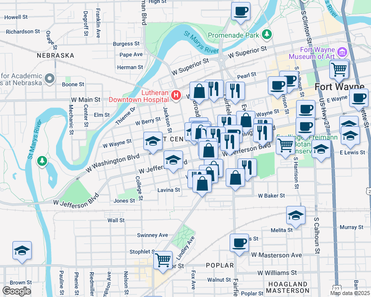 map of restaurants, bars, coffee shops, grocery stores, and more near 807 West Washington Boulevard in Fort Wayne