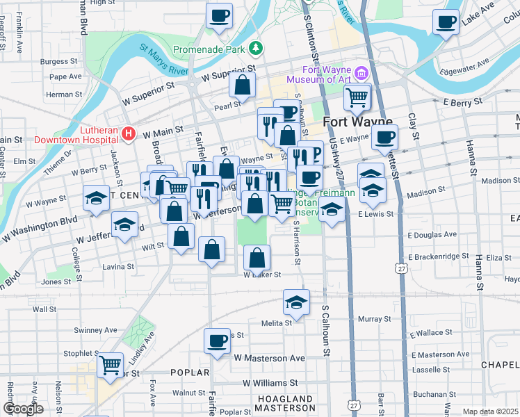 map of restaurants, bars, coffee shops, grocery stores, and more near 331 W Washington Blvd in Fort Wayne