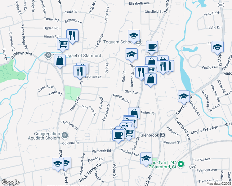 map of restaurants, bars, coffee shops, grocery stores, and more near 83 Deleo Drive in Stamford