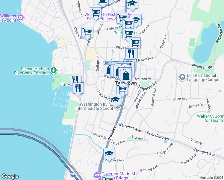 map of restaurants, bars, coffee shops, grocery stores, and more near South Washington Street in Tarrytown