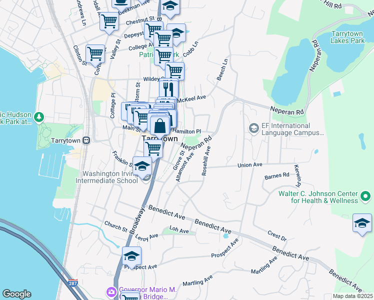 map of restaurants, bars, coffee shops, grocery stores, and more near 25 Neperan Road in Tarrytown