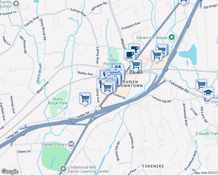 map of restaurants, bars, coffee shops, grocery stores, and more near 16 Grove Street in Darien