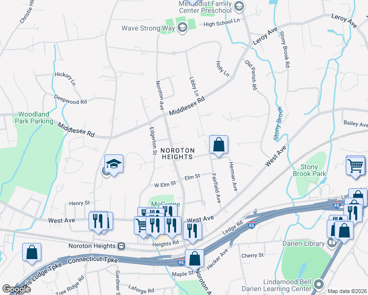 map of restaurants, bars, coffee shops, grocery stores, and more near 12 Bouton Lane in Darien