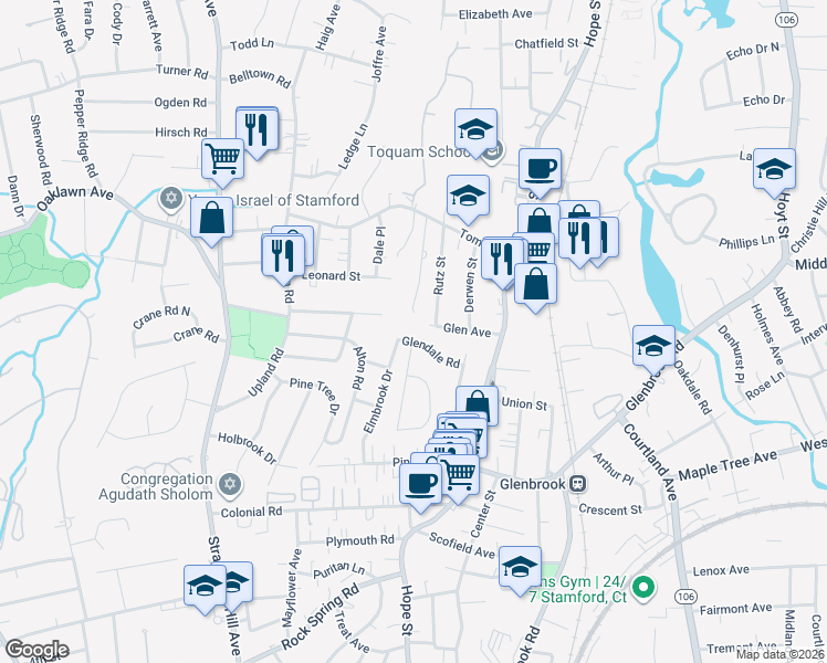 map of restaurants, bars, coffee shops, grocery stores, and more near 83 Deleo Drive in Stamford
