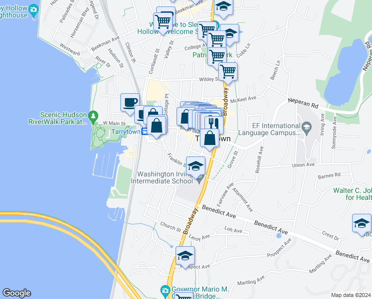 map of restaurants, bars, coffee shops, grocery stores, and more near 22 Windle Park in Tarrytown