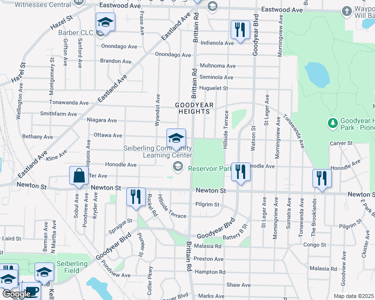 map of restaurants, bars, coffee shops, grocery stores, and more near 491 Mohawk Avenue in Akron