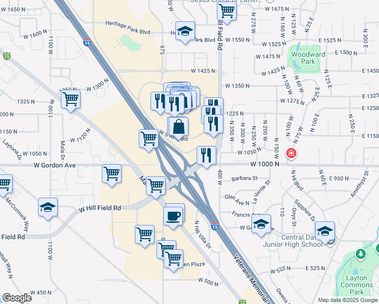 map of restaurants, bars, coffee shops, grocery stores, and more near Frontage Road in Layton