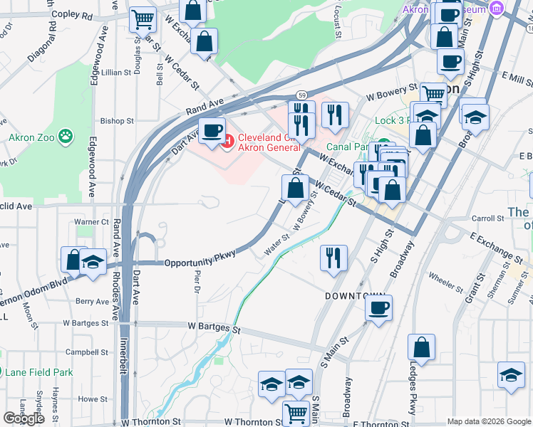 map of restaurants, bars, coffee shops, grocery stores, and more near 474 Locust Street in Akron