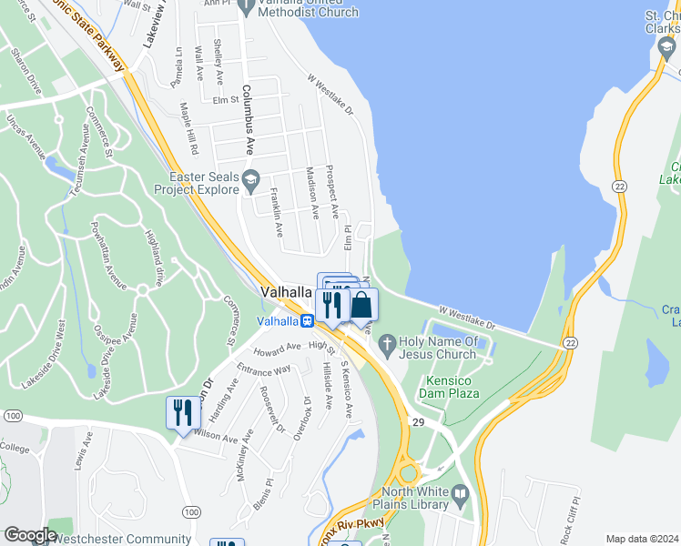 map of restaurants, bars, coffee shops, grocery stores, and more near 55 Cedar Street in Valhalla