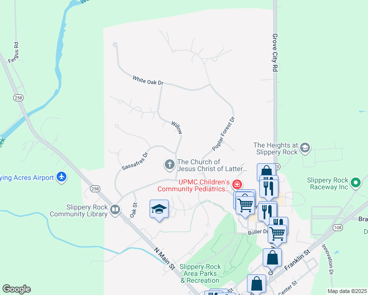 map of restaurants, bars, coffee shops, grocery stores, and more near 112 Willow Drive in Slippery Rock