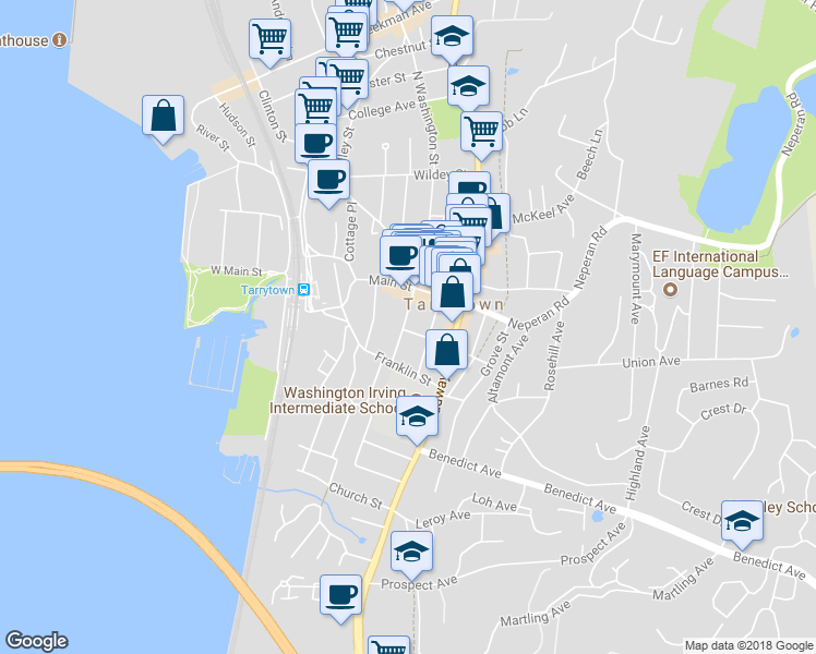 map of restaurants, bars, coffee shops, grocery stores, and more near 32 South Washington Street in Tarrytown