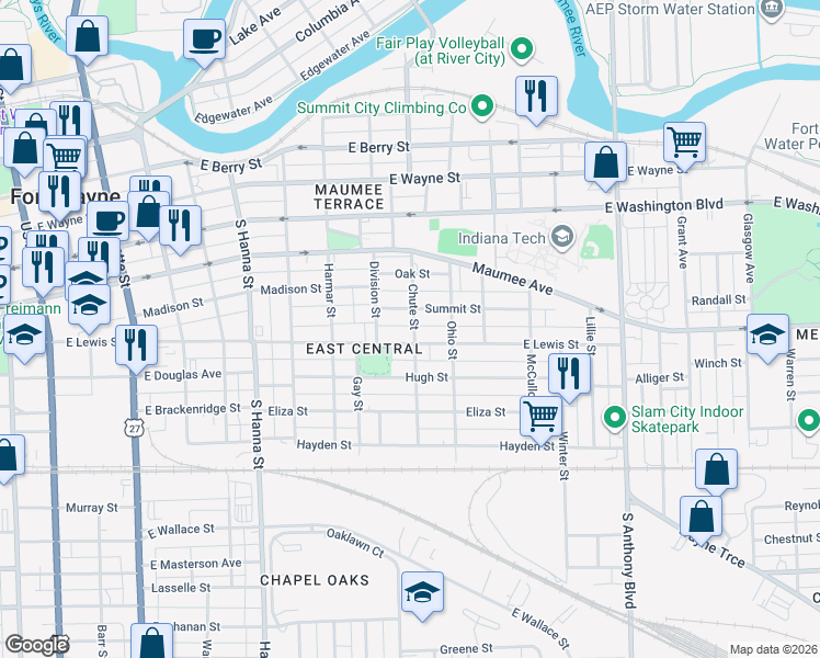 map of restaurants, bars, coffee shops, grocery stores, and more near 1162 Chute Street in Fort Wayne
