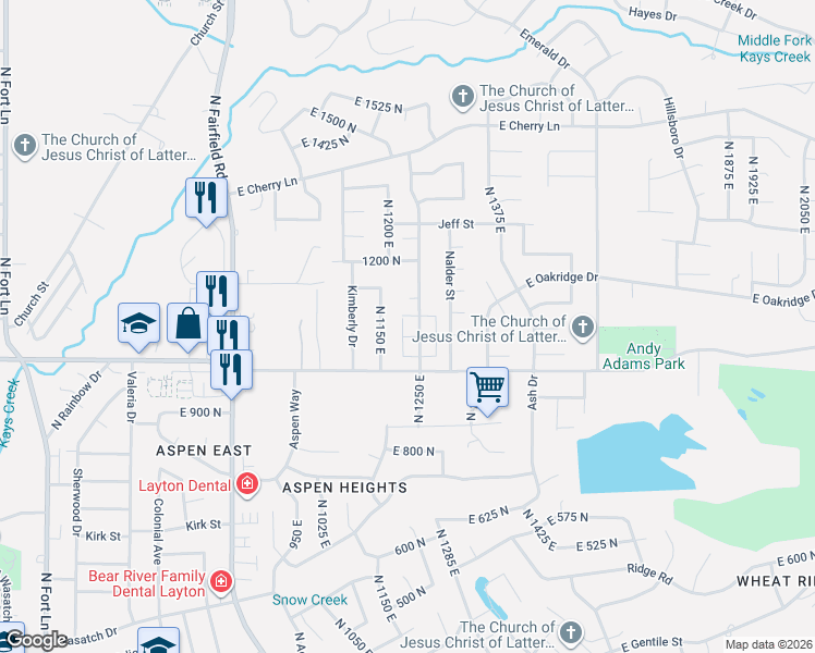 map of restaurants, bars, coffee shops, grocery stores, and more near 1101 Nayon Drive in Layton